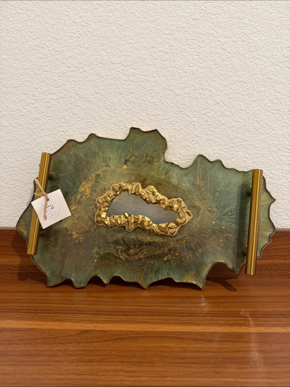 Green and Gold Decorative Vanity Tray with Sculpted Handles